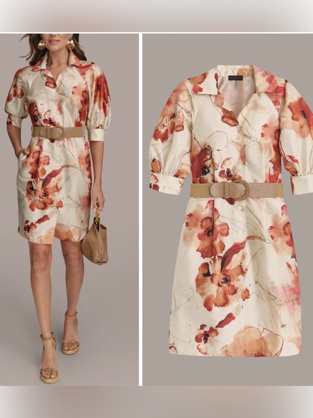 Donna Karan Floral Button-Front Shirt Dress with Belt - Cream & Rust size 4 NWT